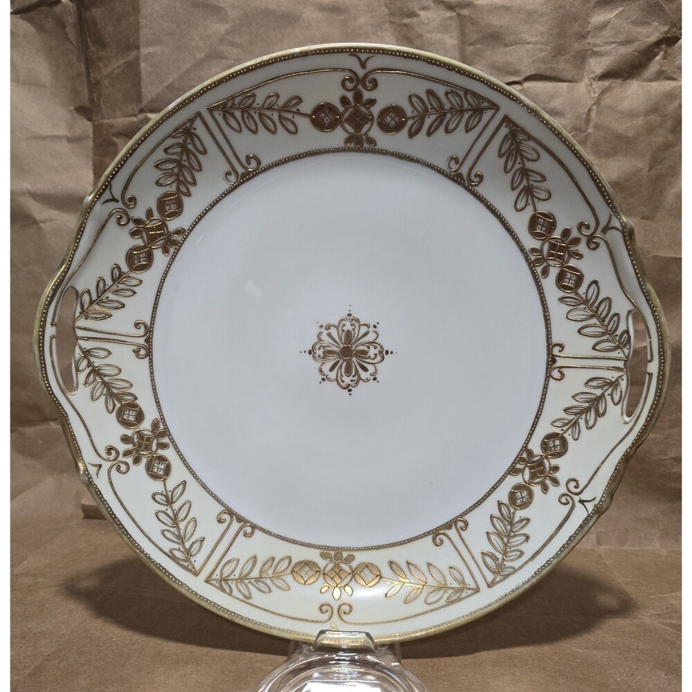 Vintage Noritake Nippon N2806 Handled Cake Plate Gold Flowers Leaves